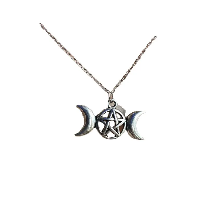 Fashion Triple Moon Goddess Five Point Star Necklace Women\'s Pendant