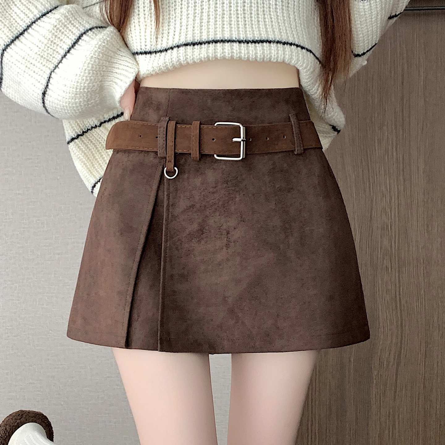 2026 New Korean Faux Suede A-Line Bodycon Skort for Women Fall Winter Front Side Slit Mini Skirt with Belt