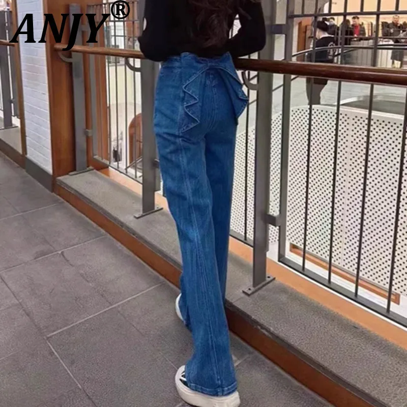 

ANJY, осенняя новая женская одежда, лоскутные нишевые джинсы с бантиками сзади, прямые джинсы, модные универсальные повседневные джинсовые брюки A11240