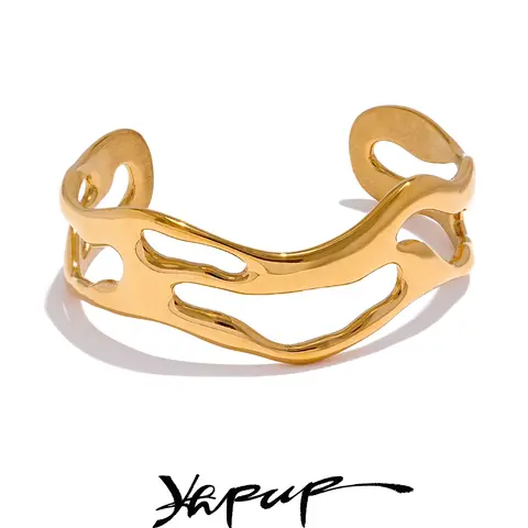 Yhpup Stainless Steel Fashion Cast Statement Open Cuff Bracelet Bangle Jewelry for Women Waterproof Statement Golden Bijoux