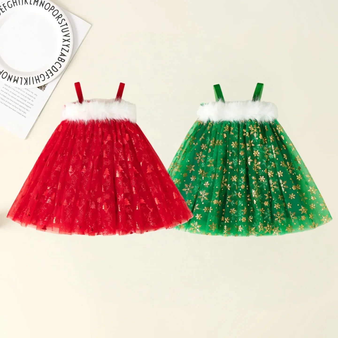 

2025 Christmas Festive Dress for Girl 1-5Y Baby Sleeveless Spaghetti Strap Princess Dress with Faux Fur Trim Kids Glittery Xmas