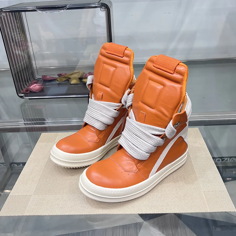 Leather High Top Orange Shoes Zipper Thick Sole Geobasket Ro Jumbo Lace Up Luxury Sneakers Ankle Casual Flat Motorcycle Boots