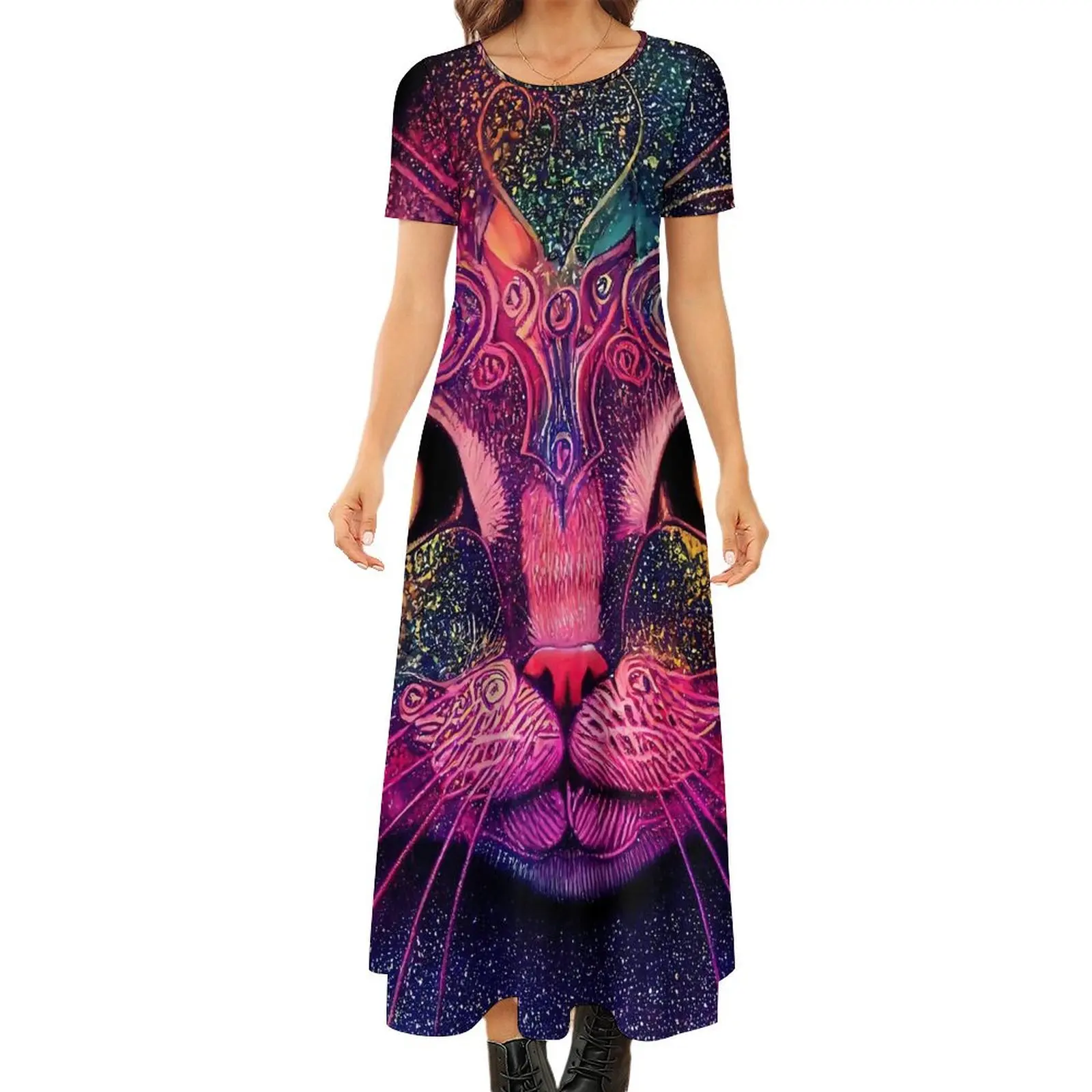 Magic Cats Dress Animal Print Retro Maxi Dress Short Sleeve Aesthetic Bohemia Long Dresses Women Print Oversize Vestidos