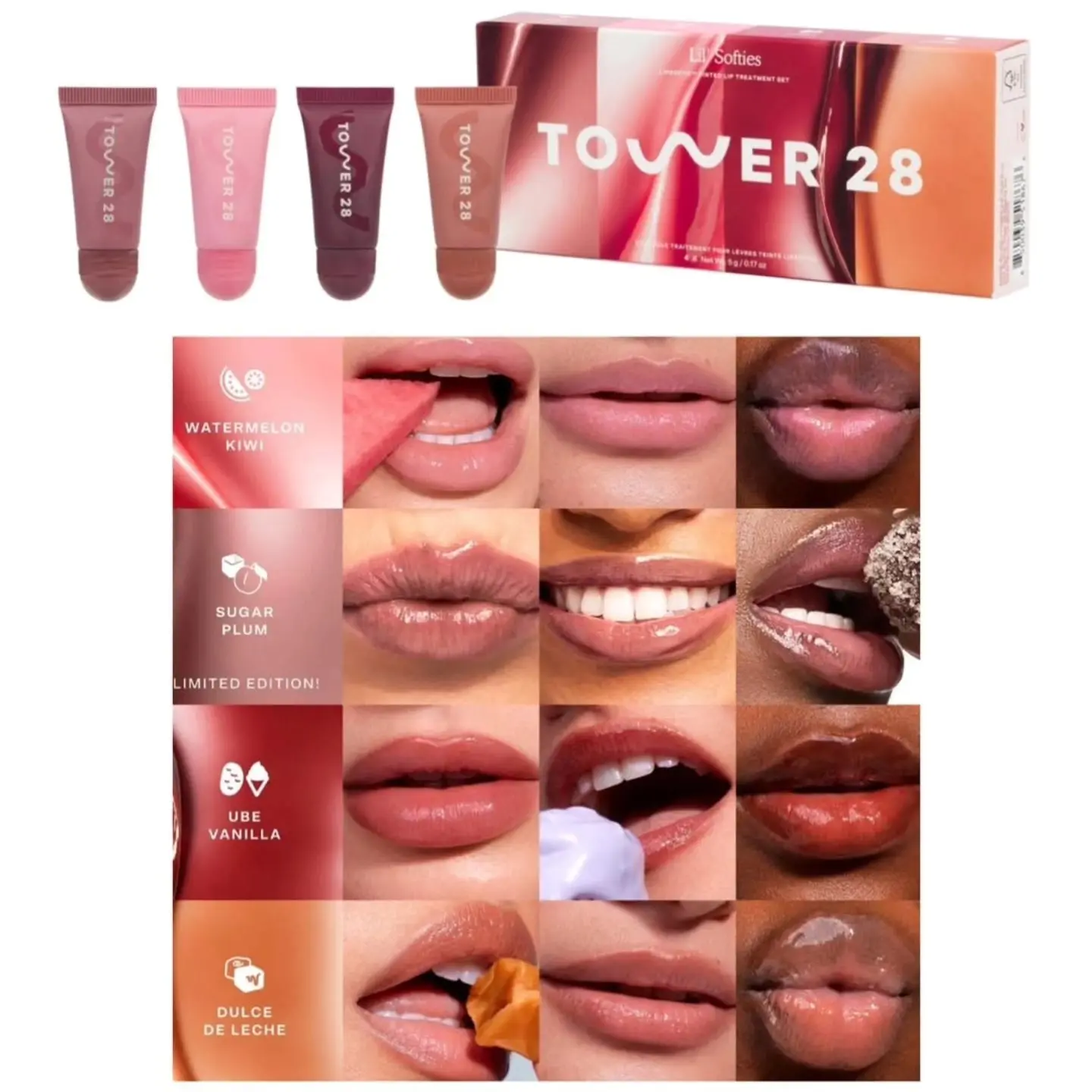 4 pièces 5g tour 28 beauté Mini Lil' Softies ensemble de traitement des lèvres pastèque sucre prune vanille marque originale ensemble de soin des lèvres coloré