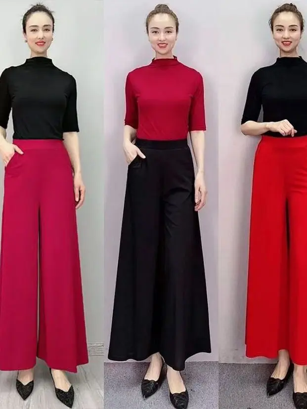 

Брюки с высокой талией и широкими штанинами, весна-осень, новинка, свободный крой, повседневные брюки, эластичная талия, юбка-брюки