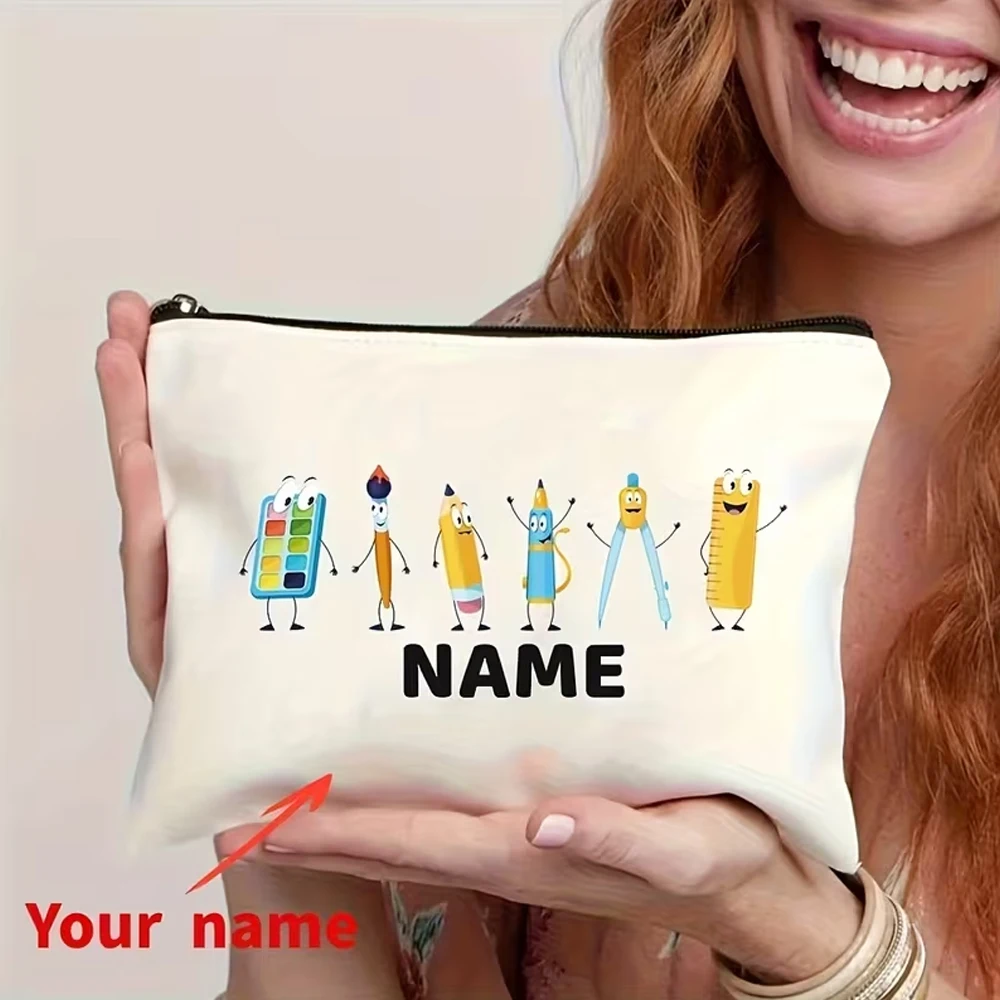 Personalized Custom Artistic Name Pencil Case - Large Capacity Zipper Makeup Bag with Vibrant Cartoon Pencil Pattern, Durable Polyester Travel Cosmetic Organizer, Suitable for Artists, Designers - Unisex Adult Gift