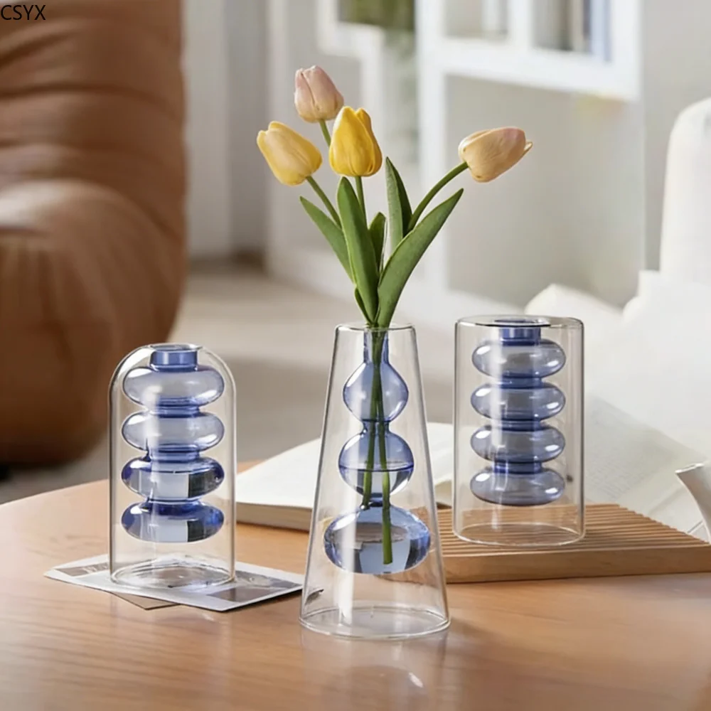 Creative Nordic Colorful Double-layer Glass Vase Transparent Hydroponic Dried Flower Vase Simple