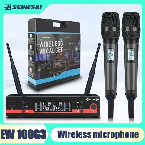 전문 듀얼 무선 마이크 ew100-G3 무대 성능 2 채널 600-699MHz 가라오케 금속 핸드 헬드, 휴대용 상자 포함