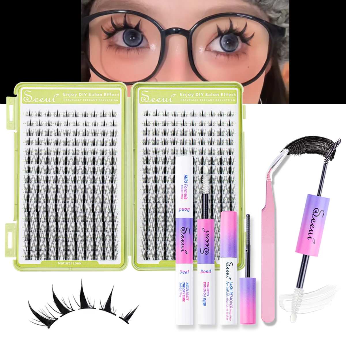 DIY Lash Clusters Extensions Kit Piekerige individuele wimpers Mix Lengte Cluster Wimperverlenging Bond en Seal Remover Pincet