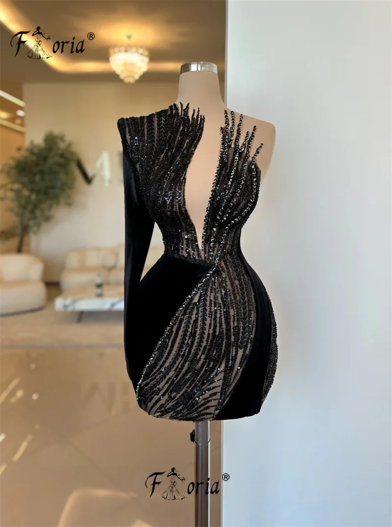 Black One Shoulder Sequin Beaded Prom Dress Dubai Arabic See Through Short Cocktail Gown Birthday Mini Skirt vestidos de festa