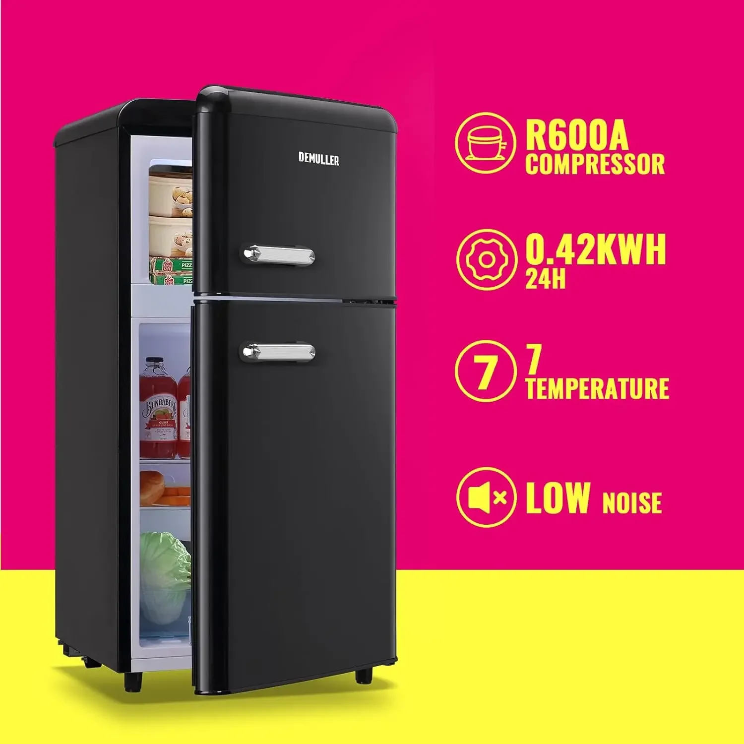 Fridge Dual Door Refrigerator with Freezer, 3.5 Cu.Ft Compact Refrigerator with Handle, Adjustable Temperature & Removable Glass