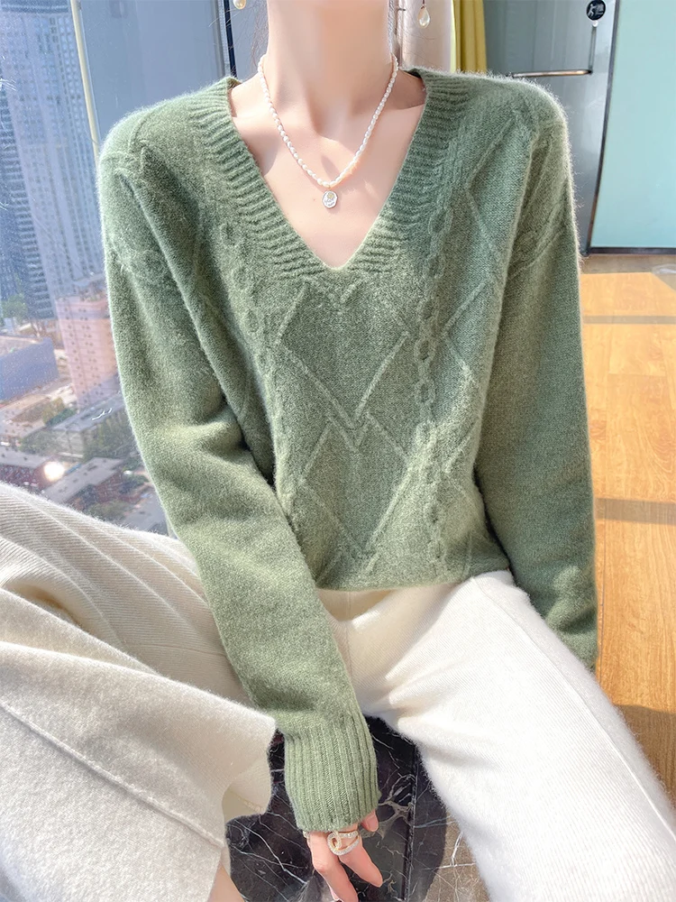 

Женский пуловер с v-образным вырезом из 100% мериносовой шерсти, осень-зима, повседневный модный теплый толстый вязаный кашемировый свитер