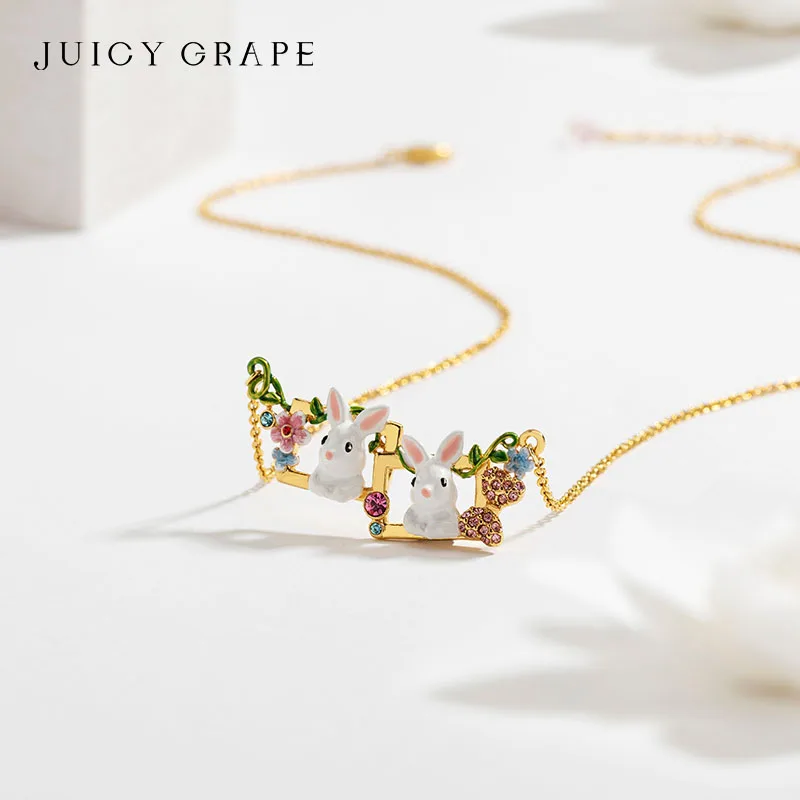 Juicy Grape Enamel Pendant Necklaces Luxury For Woman Cute Rabbit Flower Hand Painted 18K Gold Collar Adjustable Chain Jewelry