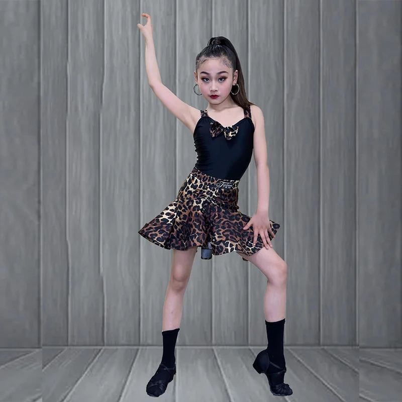 Latin Dance Dress Girls Brown Leopard Print Suspender Set Samba Rumba Salsa Performance Wear Kids Training Team Uniform VBH1340