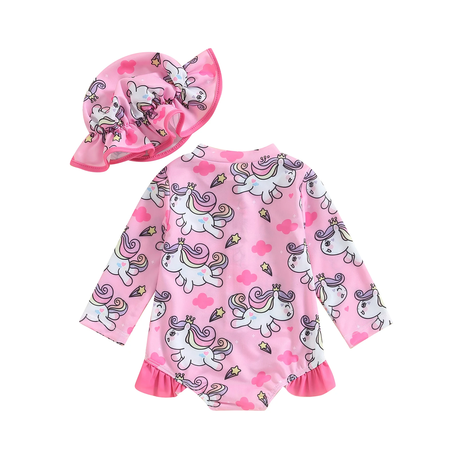 2024 Summer Toddler Baby Girls Beach Swimwear Long Sleeve Mock Neck Animal/Donut Print Romper Bathing Suit with Hat Sportswear