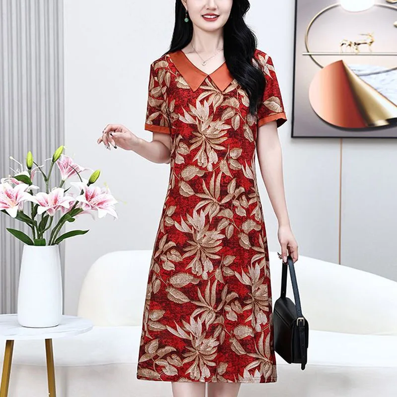 

Summer New Women's Elegant Slim Contrast Color Peter Pan Collar Spliced Short Sleeve Commuter A-line Skirt Printed Midi Dress