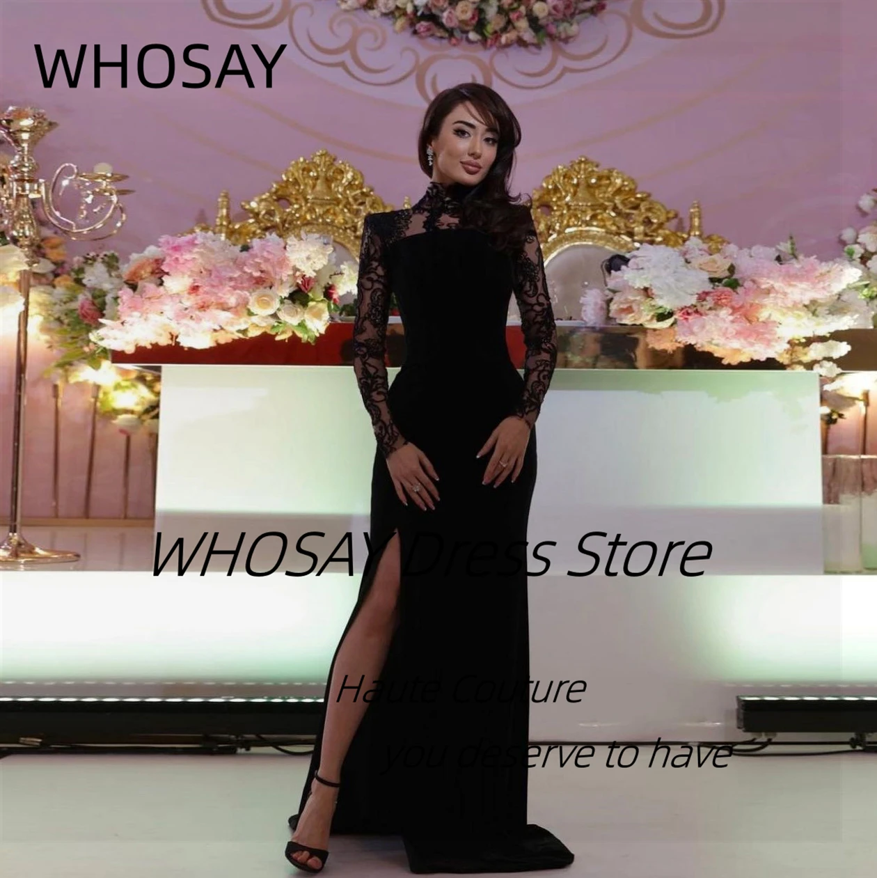 WHOSAY Special Occasion Girls Wear High Collar Black Prom Dresses Lace Long Sleeves Evening Gown Side Split Birthday Party Dress