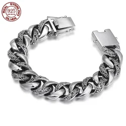Ethnic style 17MM wide bracelet S925 sterling silver retro simple bracelet for men riding motorcycle charm jewelry gift