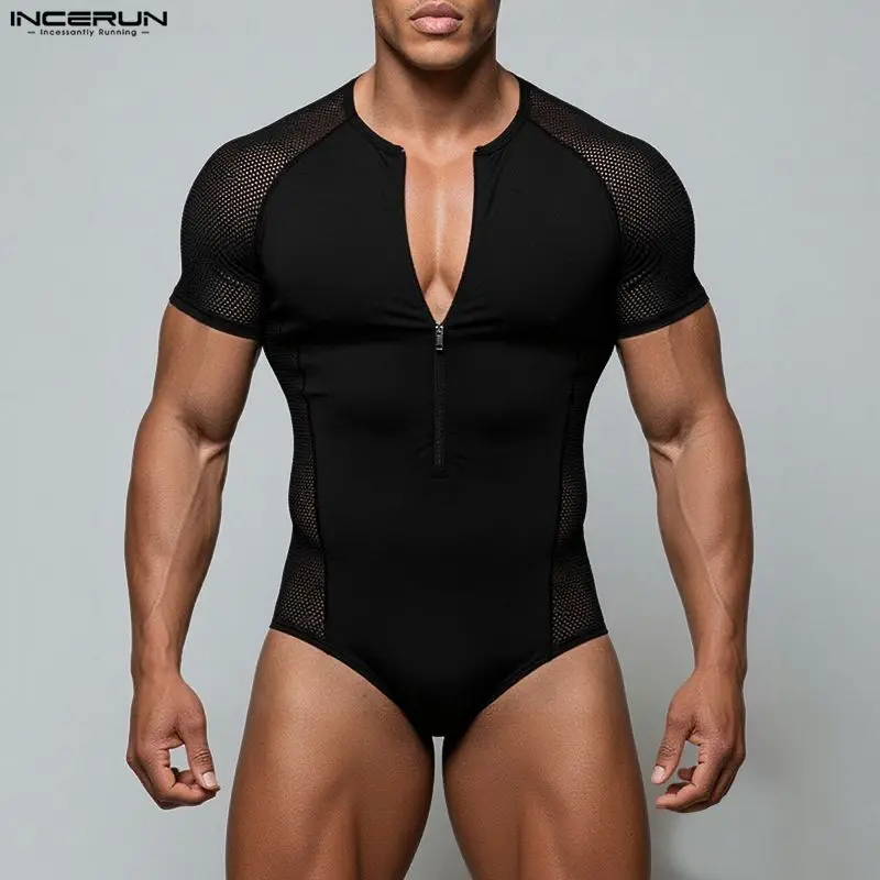 

Мужские боди INCERUN: Сетчатые, с пэчворком, прозрачные, на молнии, с круглым вырезом, с коротким рукавом, комбинезоны, сексуальные, модные, 2026