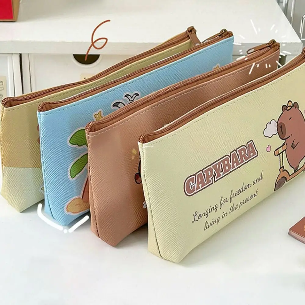 Capybara Pencil Bag Large Capacity Waterproof Cute Zipper Bag PU Stationery Supplies School Office Kawaii Creative Student Gift