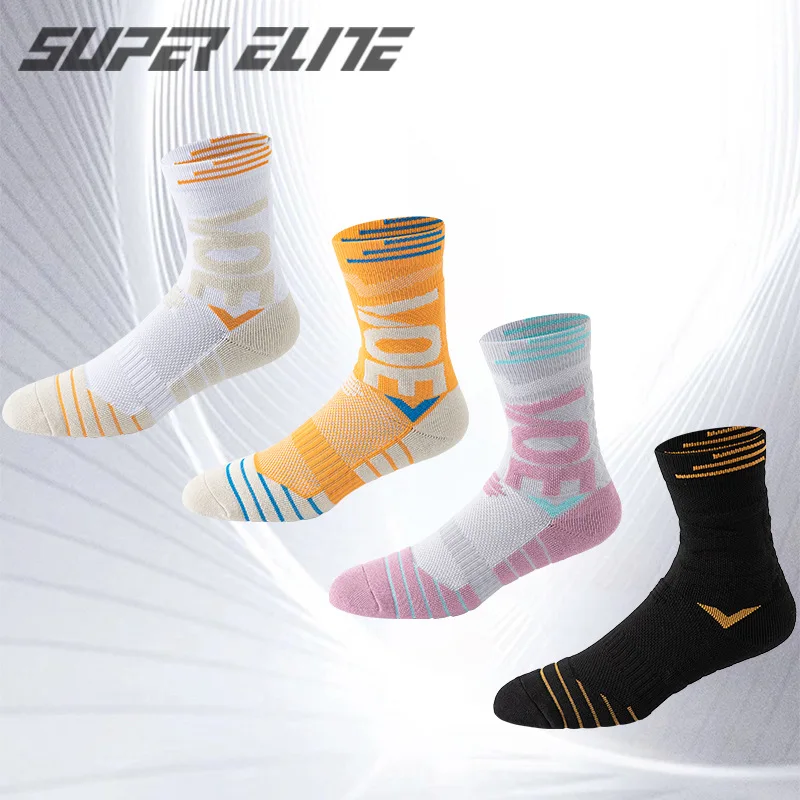 4 Pairs/lot Men Middle Tube Sports Socks Letter Practical Professional Towel Bottom Shock Absorbing Basketball Thick Socks 