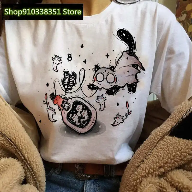 2023 Fashion Ghost Cats Printing Tshirt Women Holiday Ladies Clothes T-shirt Cartoon Pastel Goth T Shirt Female Summer Funny Top