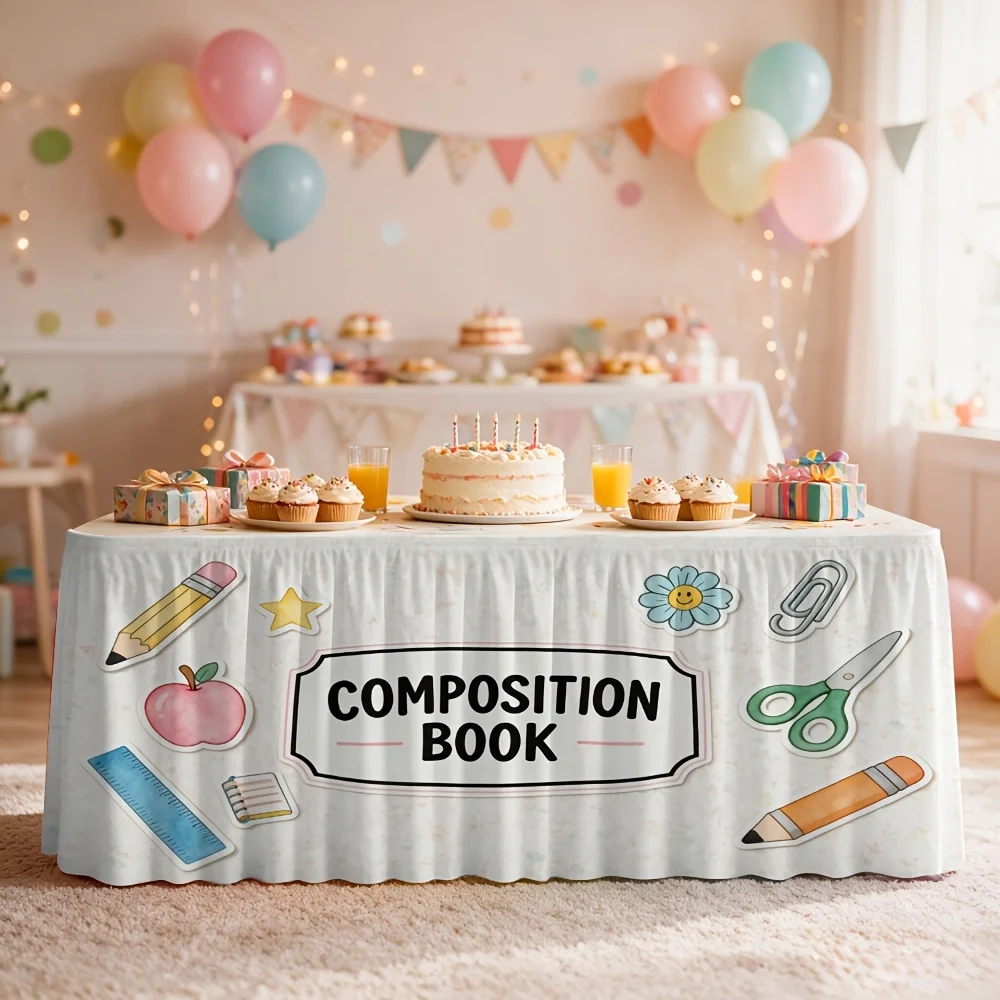 1 cute cartoon stationery print table skirt for indoor birthday party dessert table decoration
