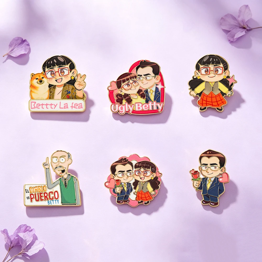 Cute Q Version Couple Character Enamel Pins Heart Shape Metal Brooches Lovely Figure Lapel Badges For Backpack Clothes Decor