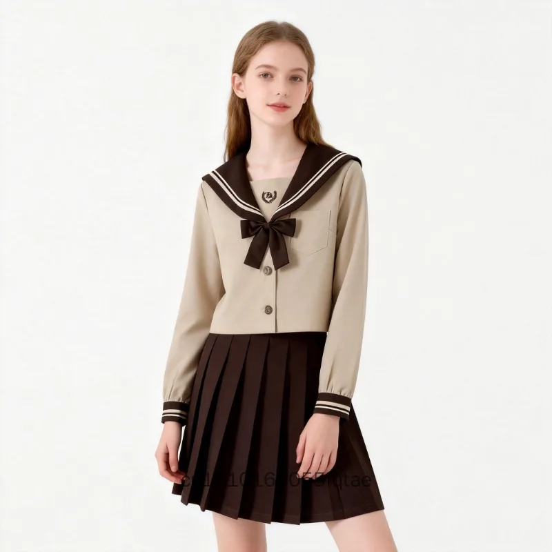 JK-Uniform im japanisch-koreanischen Stil, Milchtee-farbener Matrosenanzug, College-Outfit, langärmelig, Frühling/Herbst, lässiges Schuluniform-Set – Detail 2