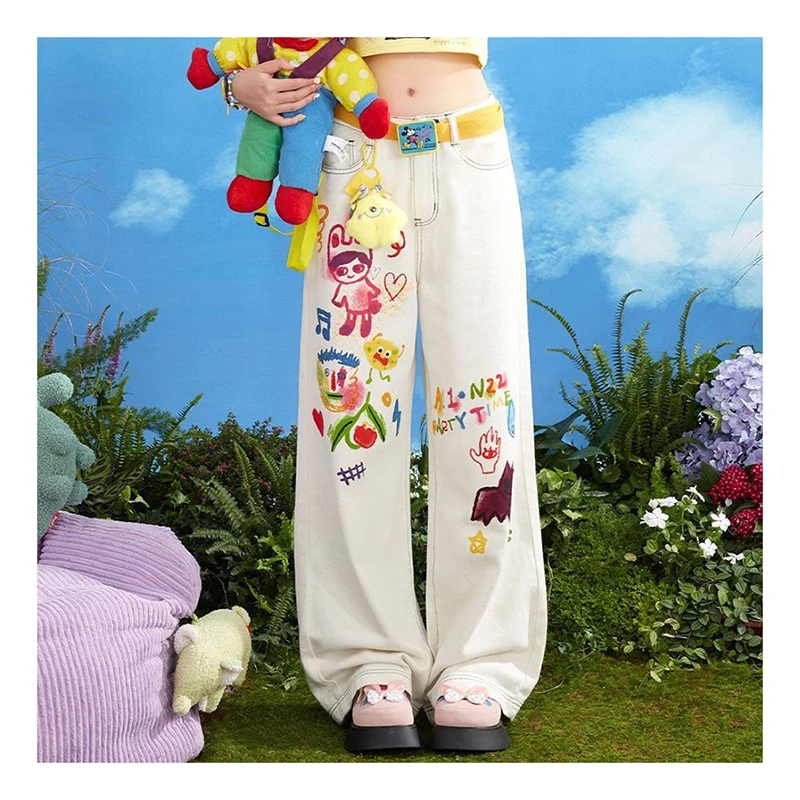 White wide leg jeans, women's summer niche design, cartoon print, high waist, loose fit, slimming straight leg floor pants
