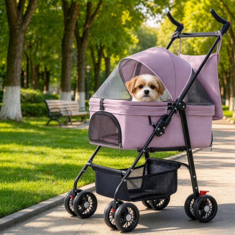 Folding Pet Stroller, Cat and Dog Pushchair with Secure Carrier Clips, Dual Rear Brakes, Spacious Breathable Compartment