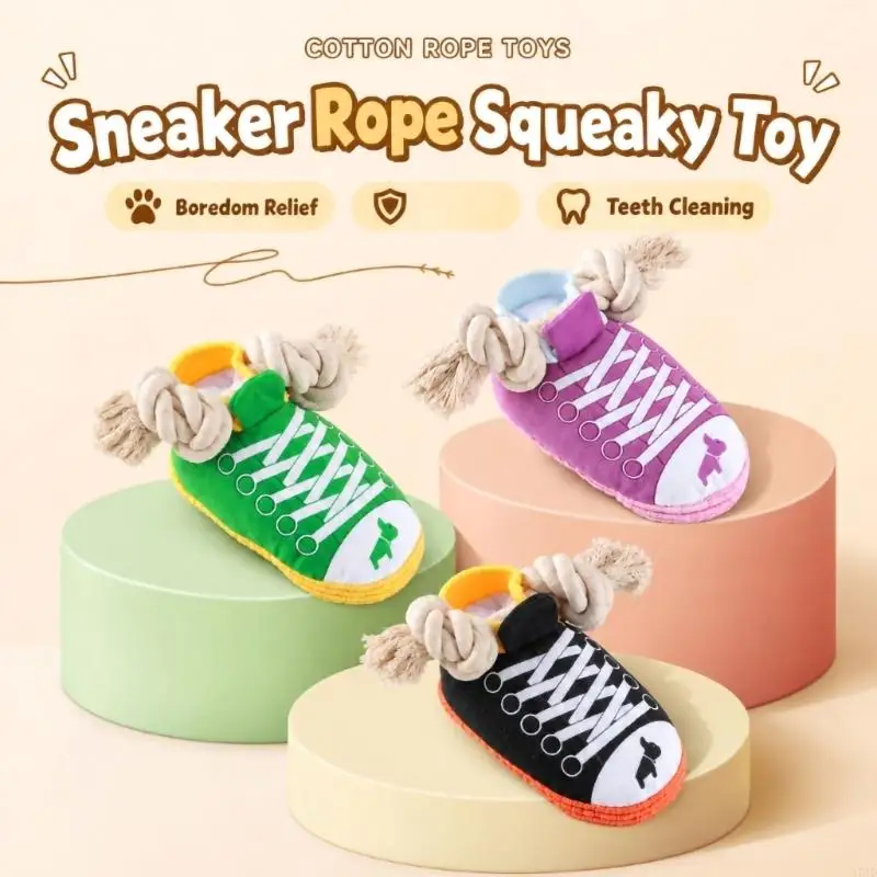 Shoe Rope Dog Toy with Squeaker and Crinkle Insert, Rope Ends for Chewing, Carrying, and Joint Play Together 37JD