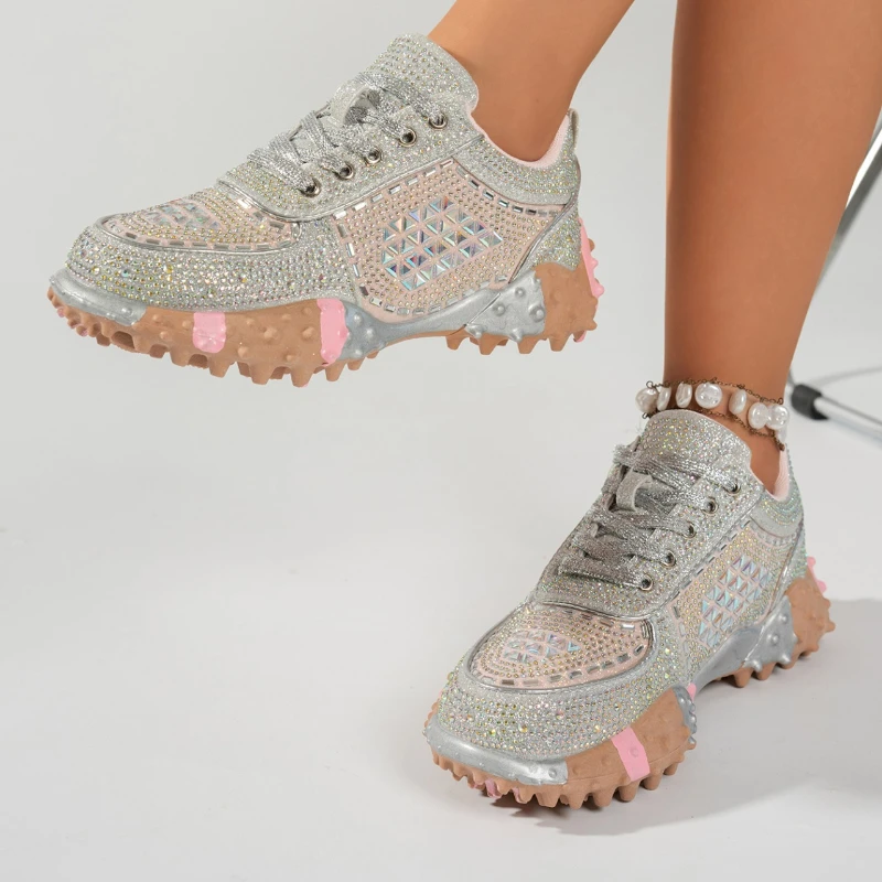 High-top Round-toe Lace-up Sequined Multi-color Stylish, Comfortable, Anti-slip, Breathable Sports and Casual Women's Shoes