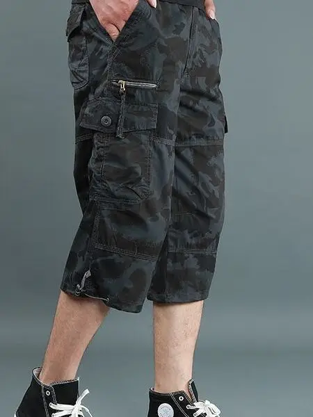 

Мужские повседневные камуфляжные свободные укороченные шорты с прямыми штанинами из полиэстера, летние повседневные брюки с пуговицами на талии и принтом
