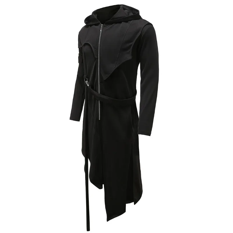 Autumn New Medium and Long Trench Coat Men's Irregular Zipper Hooded Coat