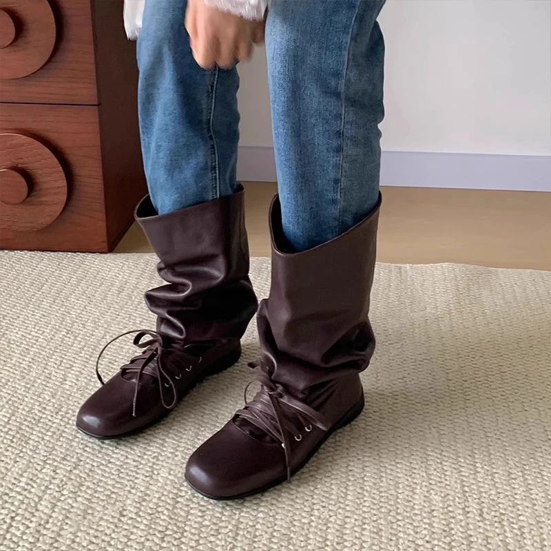 Women's Boots Fashion Retro Western Pile Pile Boots Women's European Station Ballet Straps Pleated Mid-tube Boots Sleeve Thin