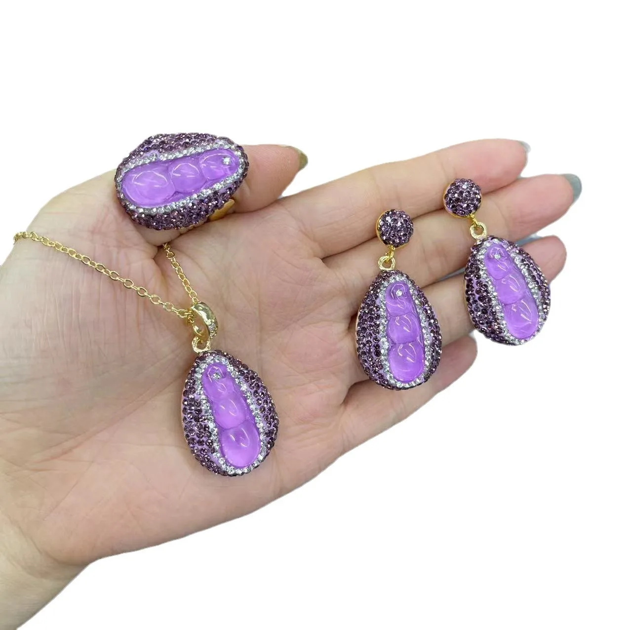 Ore new string beans fortune bean purple clay inlaid three-piece set of personalized jewelry original design trend hot sale