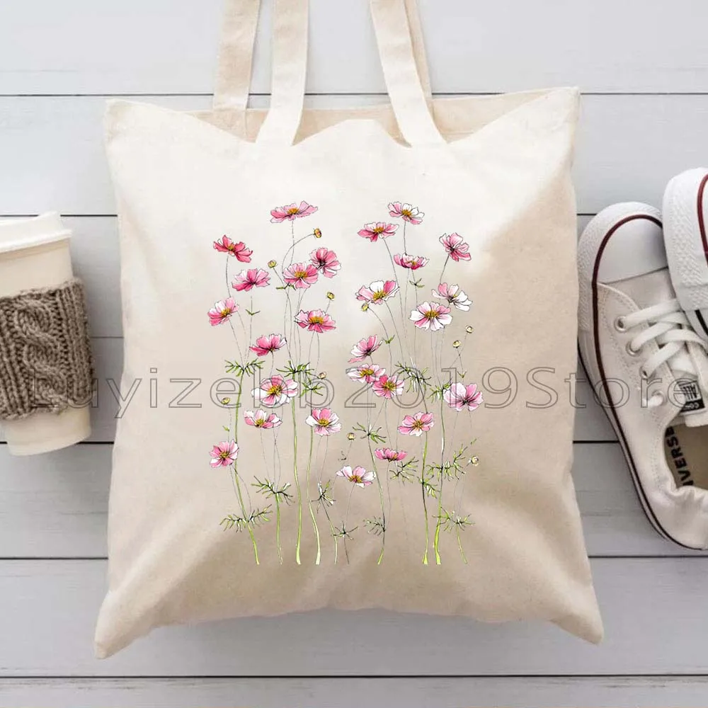 Floral Hand Painted Colorful Cosmos Flowers Poppy Hydrangea Hyacinth Cherry Blossom Cute Gifts Canvas Tote Bag Shopper Handbag