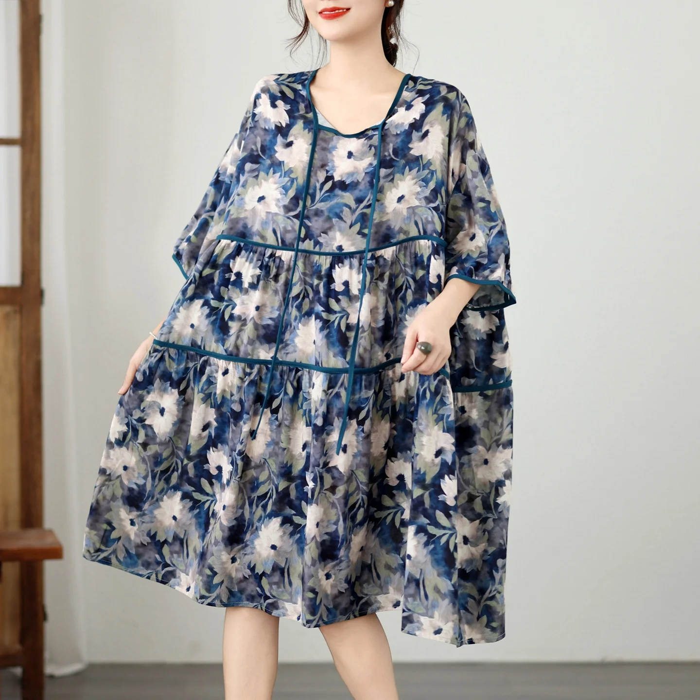 

Summer New plus Size Printed Dress Necktie Loose Slimming Versatile Women's Dress Artistic Style High Waist Cotton Blend
