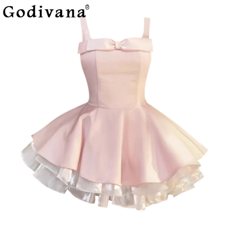 

Elegant Bowknot Strap Dress for Women Summer 2025 Slim Waist Puffy Princess Dress Female Summer Lolita Style Short Dress
