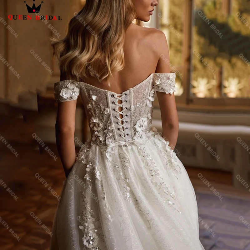 Modern A-LINE Wedding Dresses 2023 New Appliques Lace Bridal Gown Off the Shoulder Lace Up robe de mariée Custom Made RG10