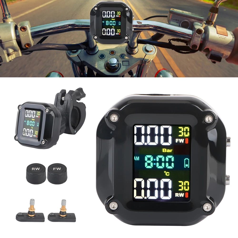 Moto TPMS 0-6.6bar Test sistema di monitoraggio della pressione dei pneumatici 2 sensori Display colorato Tester per pneumatici accessori per moto