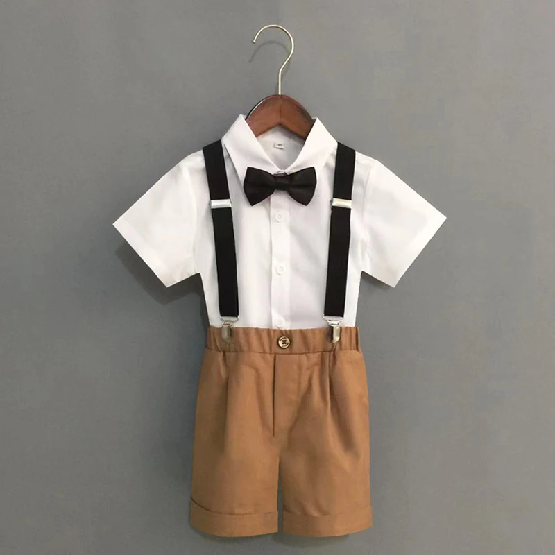 

Child Summer Getleman Dress Clothing Set Boys Birthday Party Host Perfomance Costume Kids Shirts Shorts Bowtie Strap 4pcs Outfit