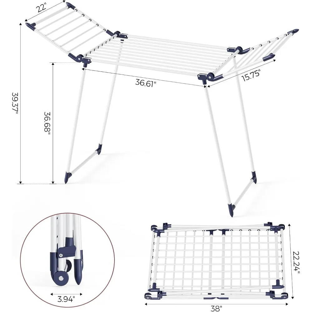 رف غسيل معدني قابل للطي للاستخدام الداخلي والخارجي، سعة كبيرة، تصميم مجنح، مثالي لتجفيف الملابس