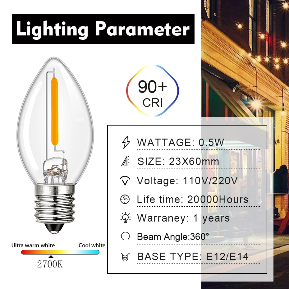 C7 Led Night Bulb 0.5W Candle Light Lamp Clear Glass E12 E14 Base Candelabra Chandelier Salt Lamp String Light Replacement Bulbs