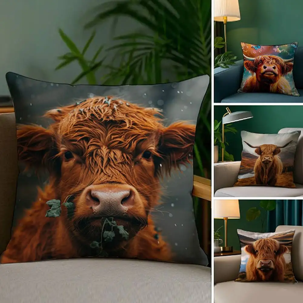 

Cute Highland Cow Pillow Case Plush Fabric Soft Double Sided Print Sofa Cushion Cover Throw Pillow Covers