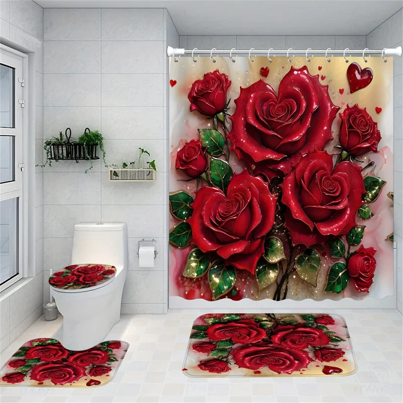 

4 шт. элегантный комплект занавесок для душа с красной розой, занавеска для ванной комнаты ко Дню святого Валентина с 12 крючками, аксессуары для украшения ванной комнаты, нет