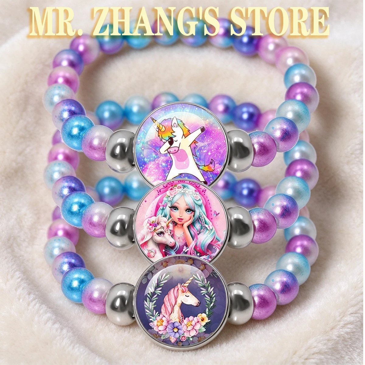Colorful Bead String Bracelet Fashion Art Cartoon Unicorn Girl 18MM Glass Cabochon Convex Bracelet Children's Gift Jewelry