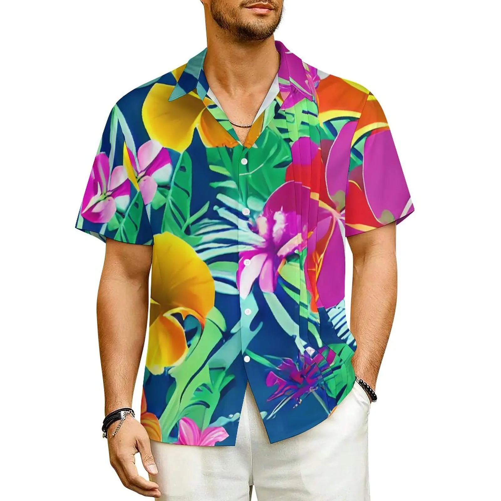 

Гавайская рубашка, Пляжная тропическая искусственная красочная цветочная Новинка, повседневные рубашки, Мужская Уличная одежда с коротким рукавом, топы большого размера