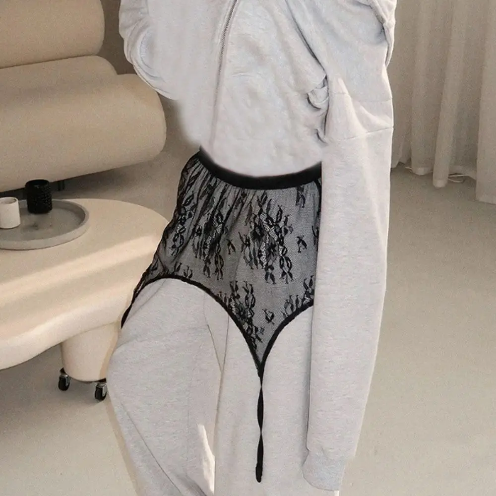 New Embroidered Flower Lace Mini Skirt See Through Harajuku Ruched Skirts Y2K Streetwear Butt Curtain Jeans Decoration